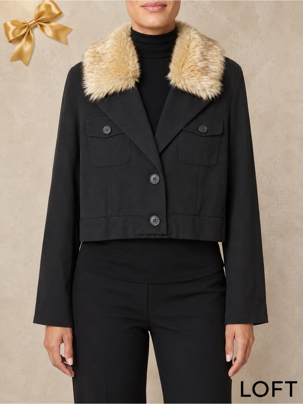 LOFT Black Faux Fur Collar Long Sleeve Cropped Jacket Size Large Mediumweight